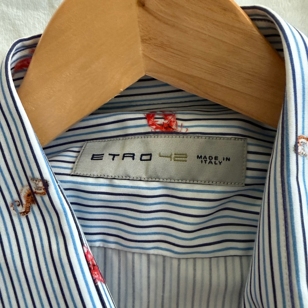Etro White and Blue Striped Men's Shirt with Red Accents